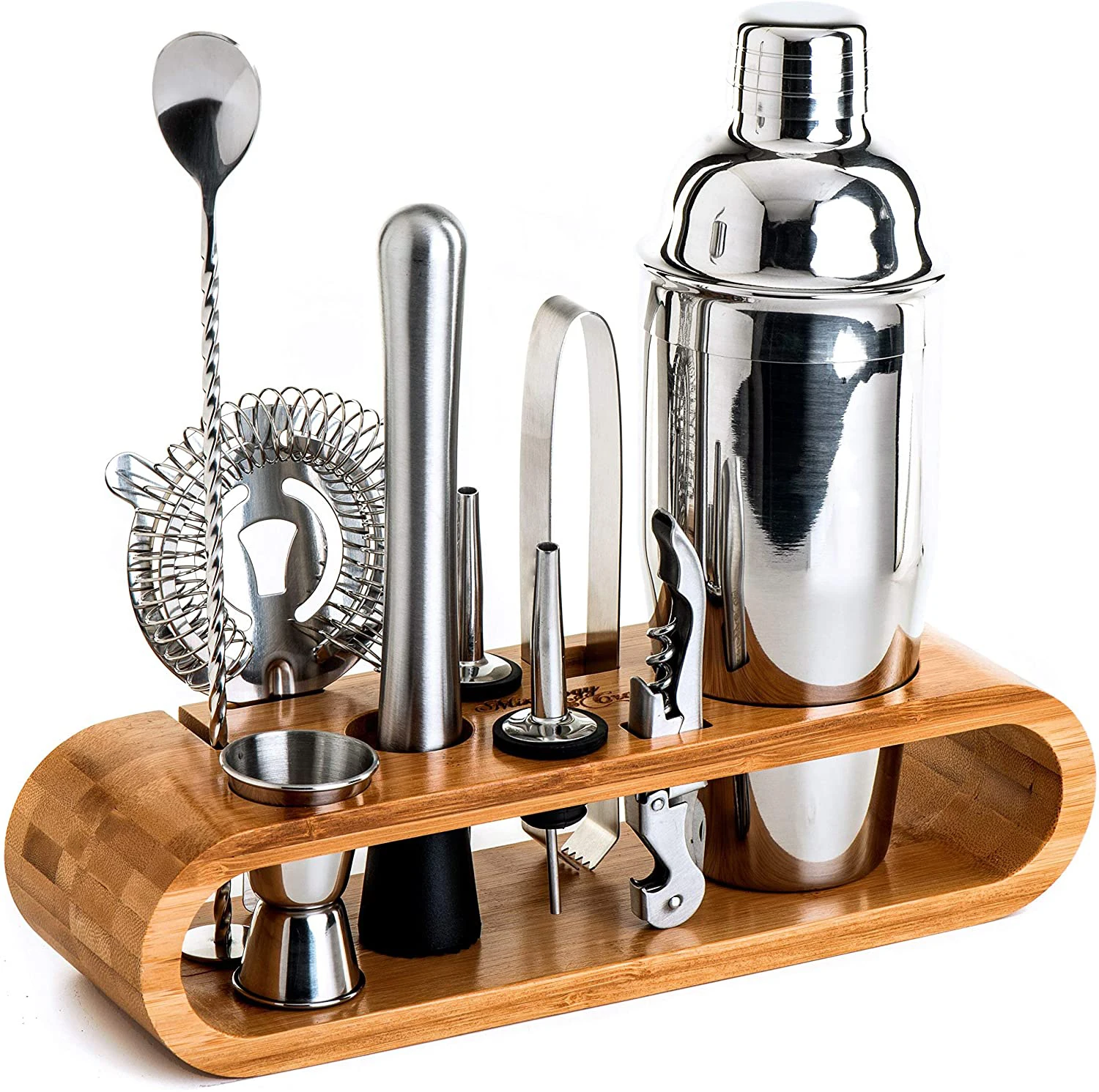 10-Piece  Bar Tool Set with Stylish Bamboo Stand Stainless Steel Martini Cocktail Shaker Set Bartender Kit