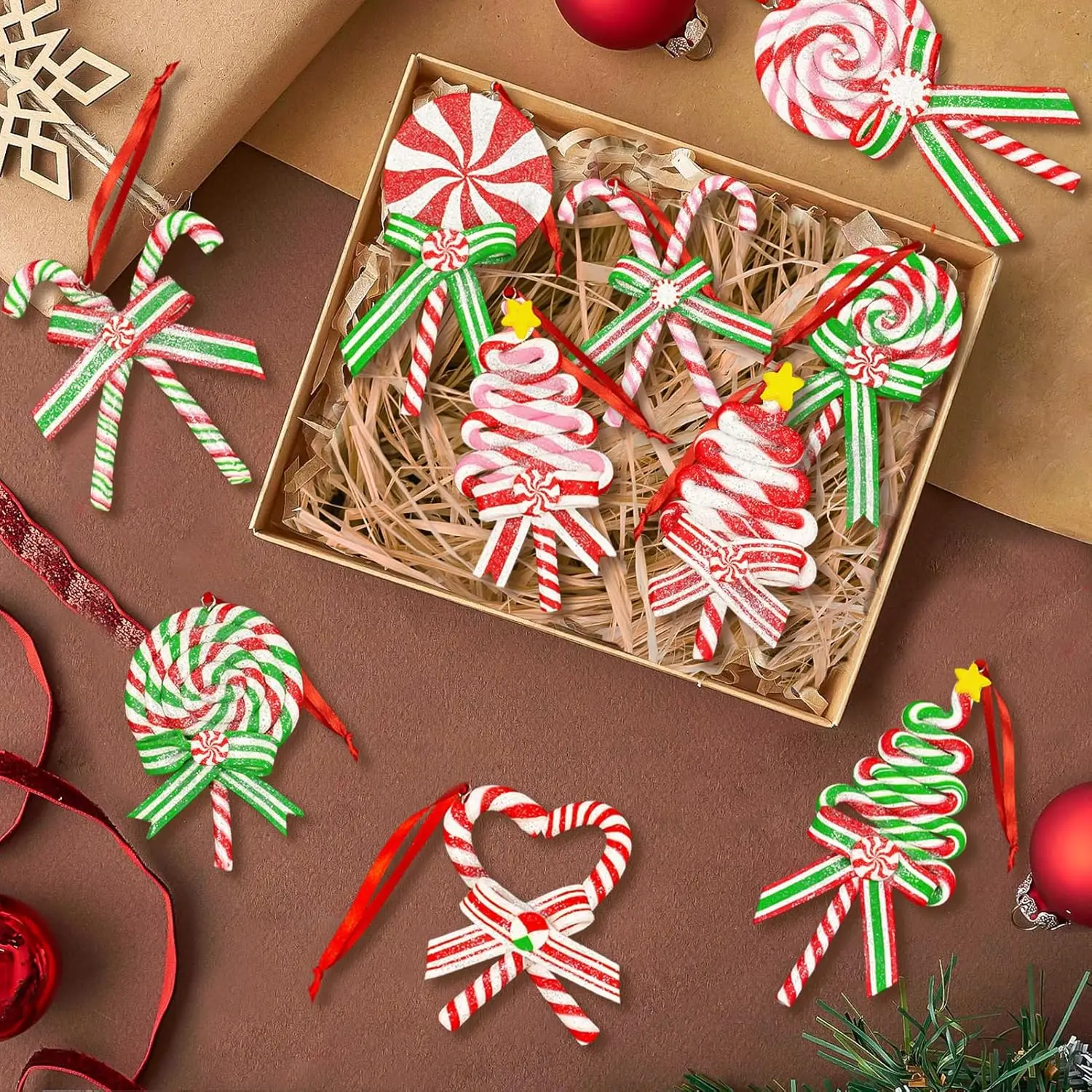 Glitter Candy Cane Ornaments for Christmas Tree Polymer Clay Lollipop Decorations with Ribbon for Holiday Party Home Decor