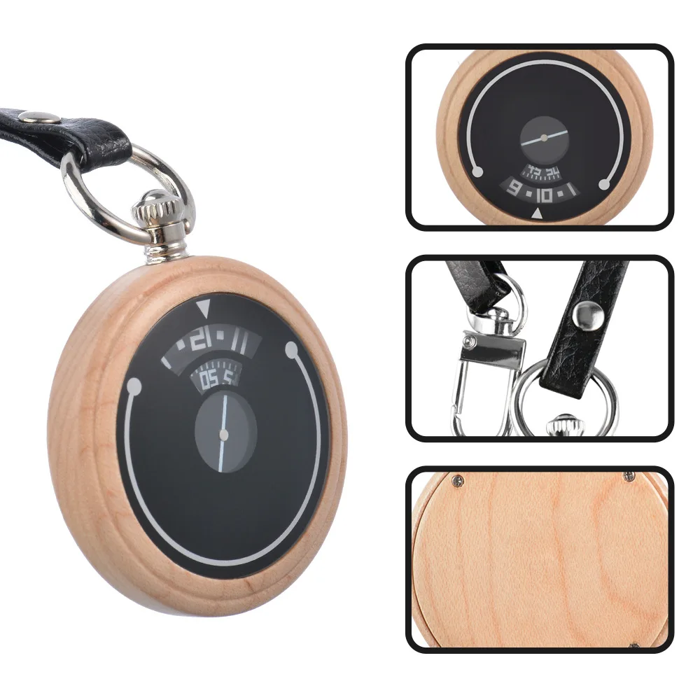 New Fashion Wholesale Quartz Movement Wristwatch Men Rounded Wooden Case Custom Made Pocket Watch With Leather Strap
