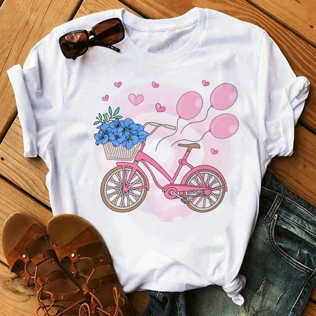 Women Graphic Flower Bike Bicycle Web Style Trend Fashion 90s Short Sleeve Lady Clothes Tops Tees Print Female Tshirt T-Shirt