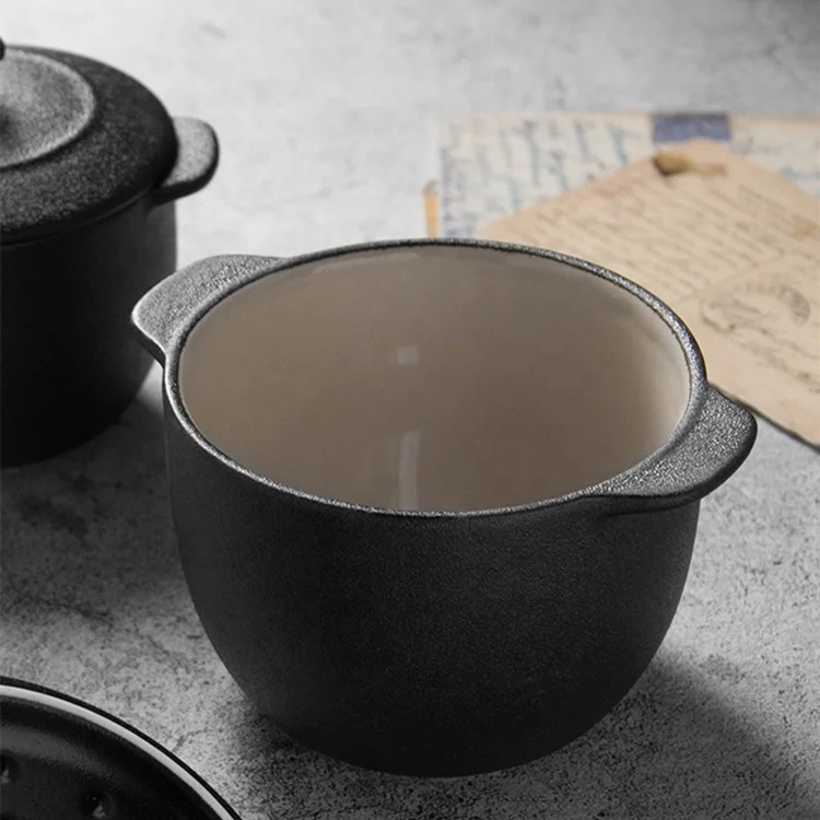 2022 New Arrival Home Used Food Warmer Casserole Cast Iron Look Black Tableware Mini Ceramic Casserole with Lid