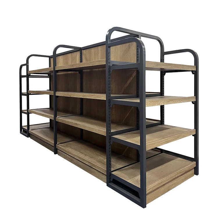 Factory Custom Wooden Double Sided Retail Store Supermarket Gondola Display Shelves Racks