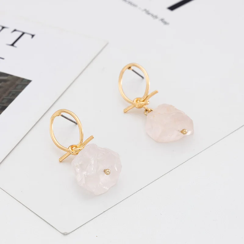 2023 ins jewelry Amethyst quartz rose quartz Raw Hoop Earrings Genuine Rough Gemstone chips Crystal Healing earrings
