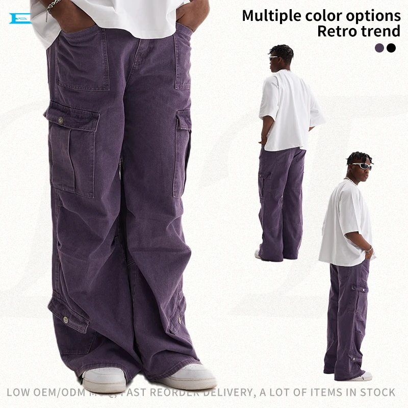 popular relaxed fit multi-pocket cargo jeans casual versatile baggy pants custom brands logo mens jeans