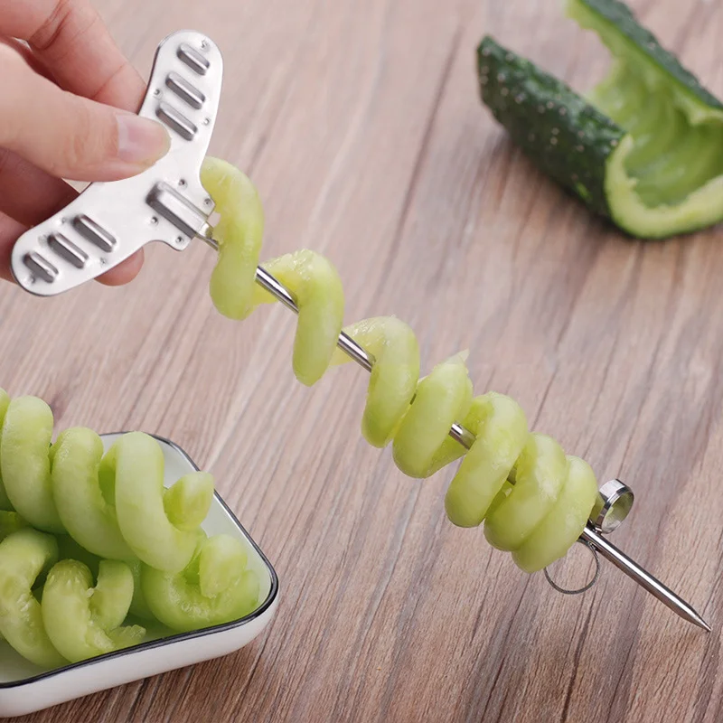 2PCS Cucumber Carving Roller Set Stainless Steel Vegetable Spiral Cutter for Fruit Potato Carrot
