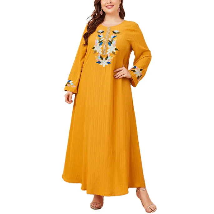2021 women embroidered dress yellow printed muslim dress
