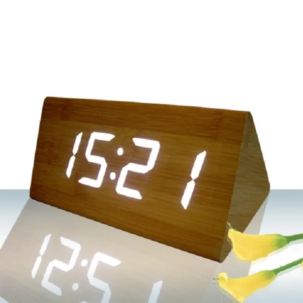 Triangle Shaped Digital LED MDF Wooden Alarm Table Clock