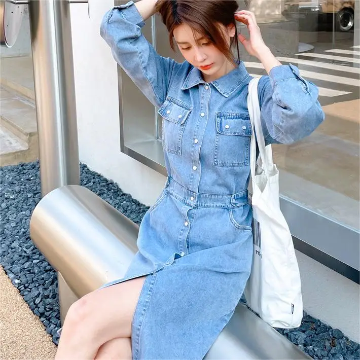 OEM Casual Long Sleeve Solid Turn Down Collar Knee Length Summer New Single Breasted Cotton Denim Shirt Dress Women With Pockets