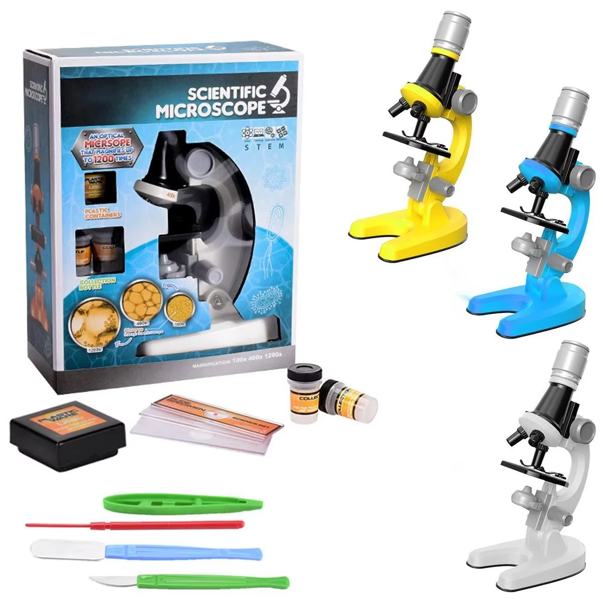 Unisex Kids High-Power 200x600x 1200x Microscope Kit with LED Light Beginners Scientific Experiment Microscope and Slides