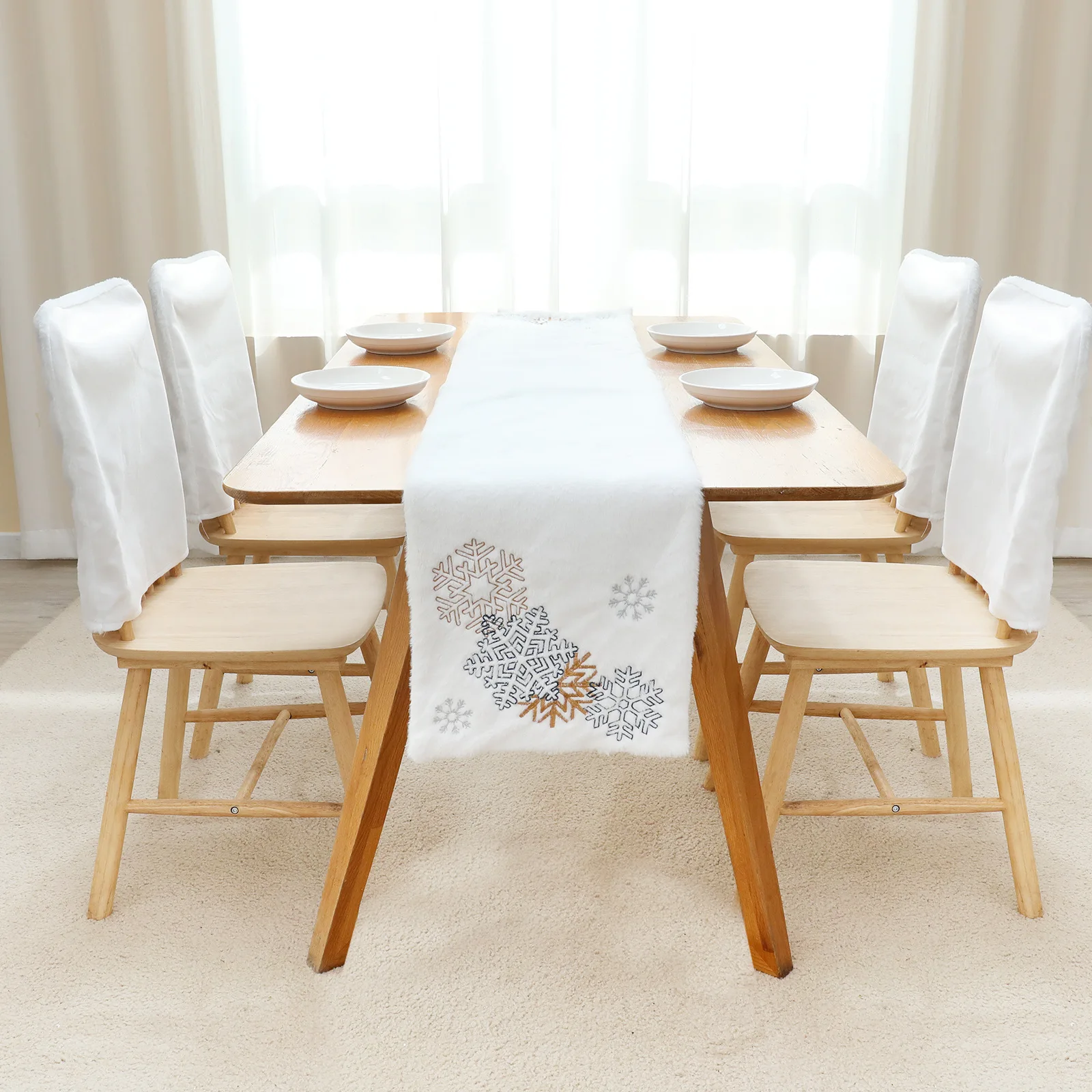 Wholesale christmas decorations white fluffy table runner nordic style snowflake table runner christmas
