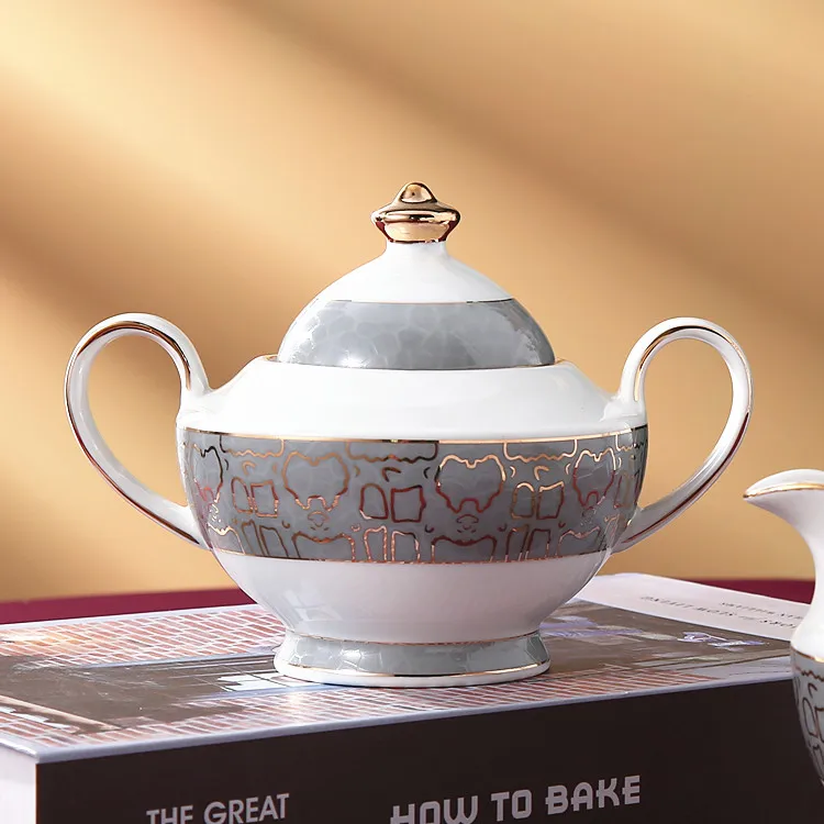 Elegant royal two handle design sugar bowl classic ceramic sugar pot with lid