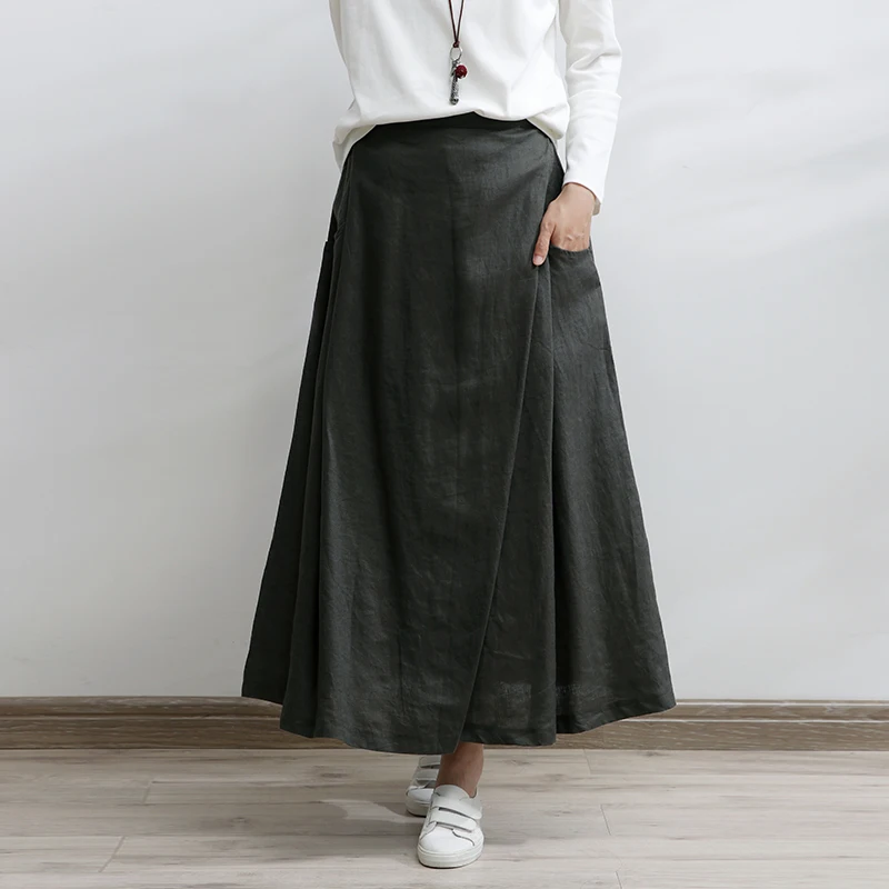 2023 New Long Maxi Elastic High Waist Women Skirt With Pockets Summer Casual A-line Linen Cotton Beige Skirts