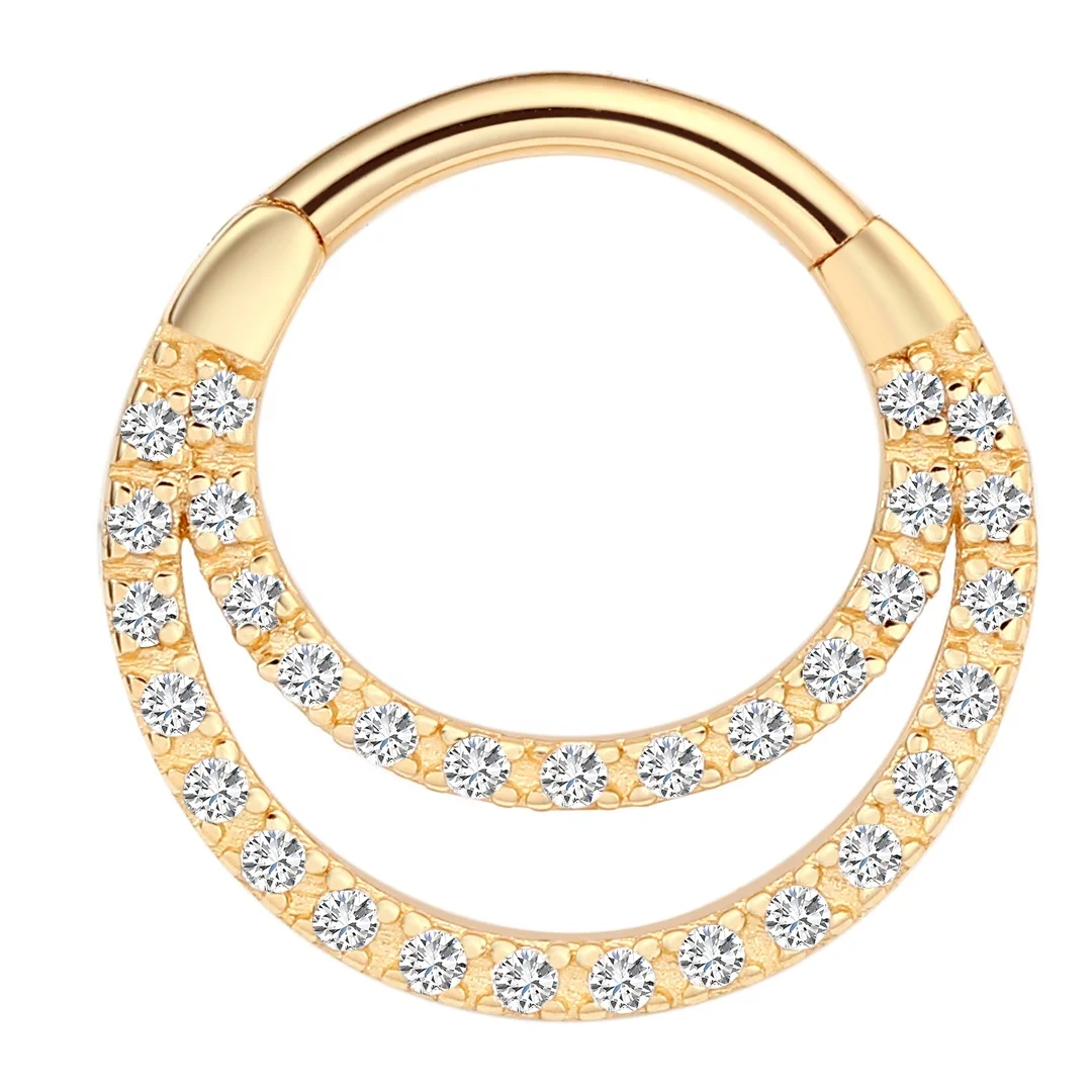 Eternal Metal 14K solid gold Front Facing Double Line Paved CZ Hinged Segment Hoop Ring