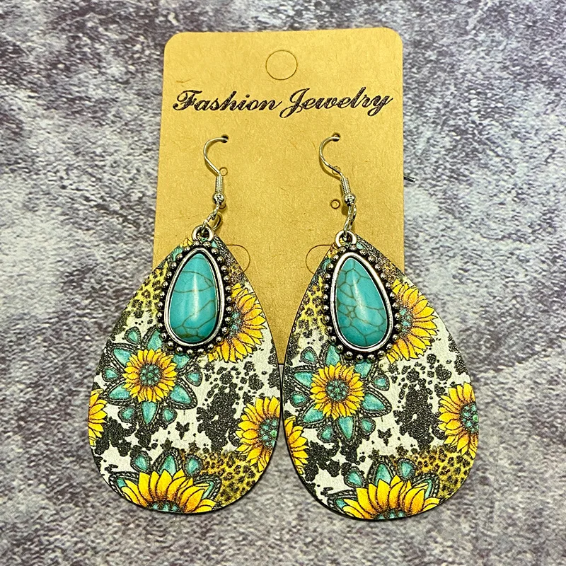 Classic Geometric Stitching Cowboy Turquoise Teardrop Earrings Western Wooden Aztec Pattern Water Drop Earrings