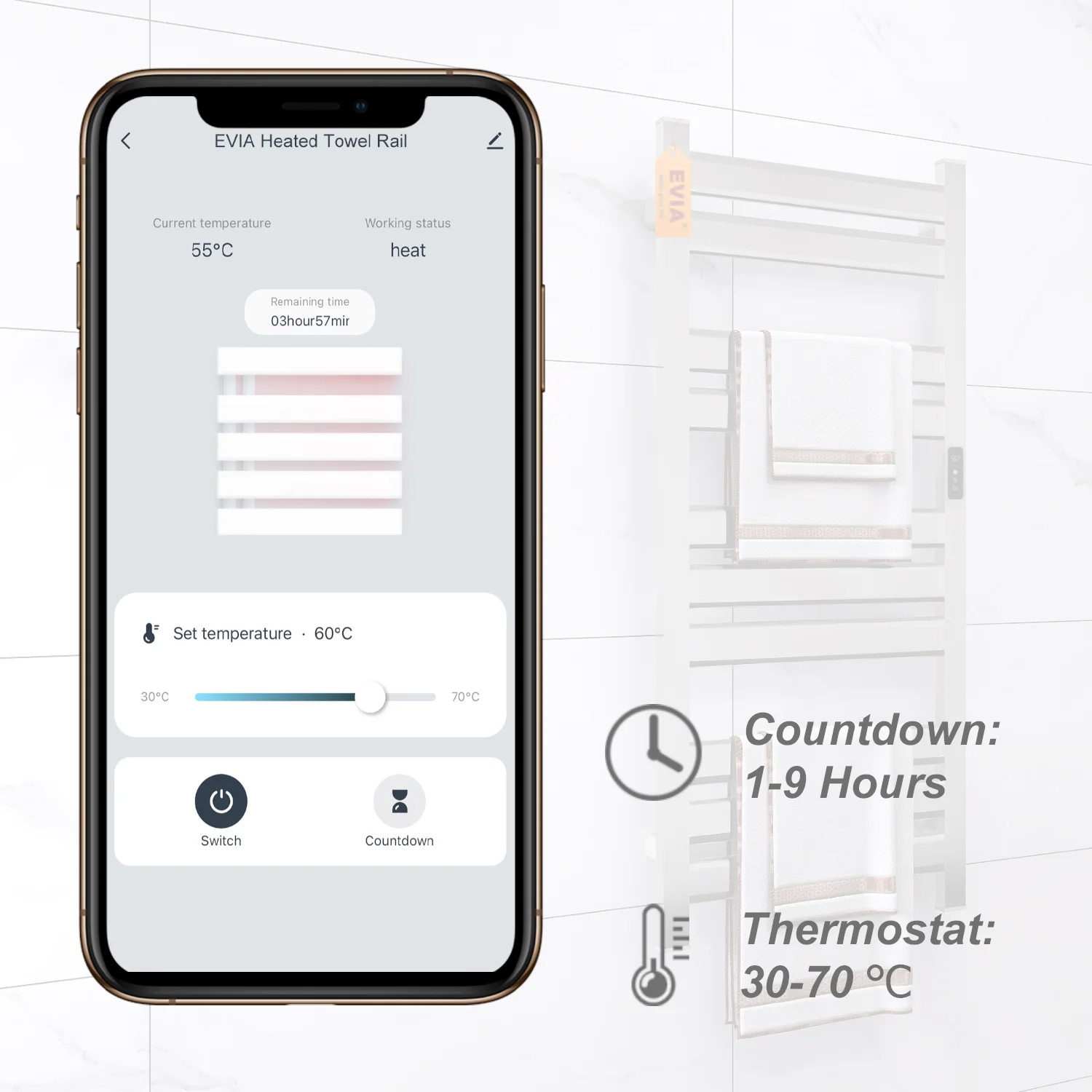 EVIA 190W Timer WIFI Smart Home Intelligent Bathroom Commercial  Electric Towel Dryer