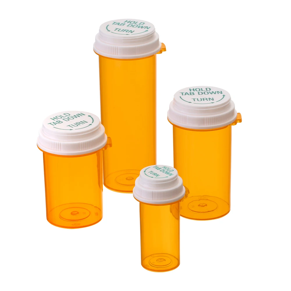 Pharmacy Touch Down Cap Vial Plastic Amber Thumb Tab Vials Reversible Push Down Bottle