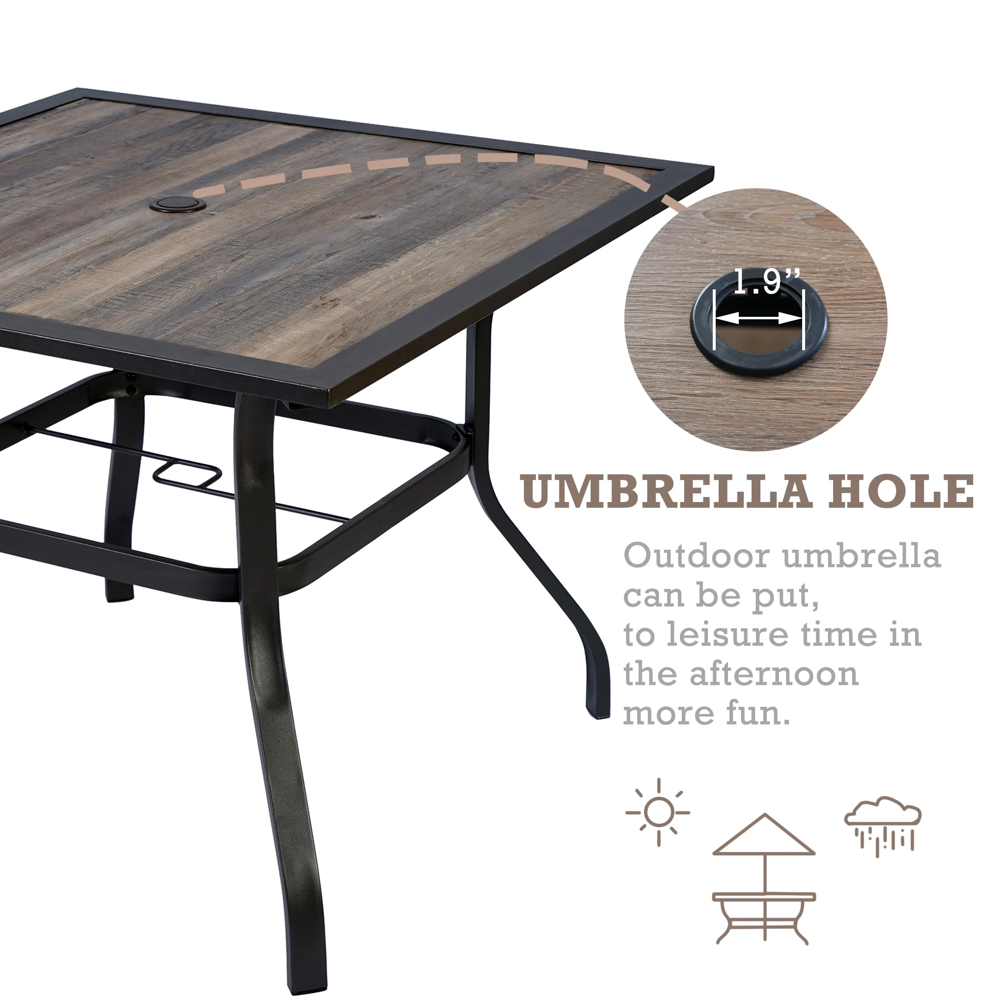 Retro and Fashionable Dining Table Square Steel with Wooden-Like Top and Umbrella Hole Outdoor Furniture