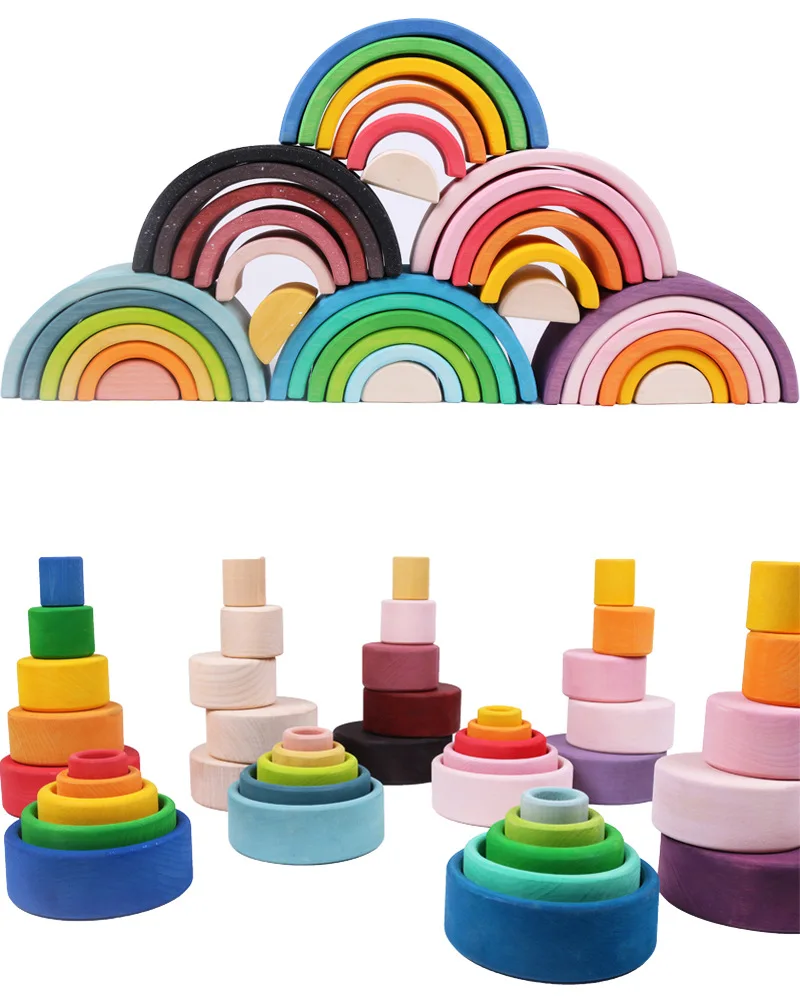 Montessori Rainbow Nesting Bowls /Color Unpaint Nature Wood Stackable Bowls education toys for kids