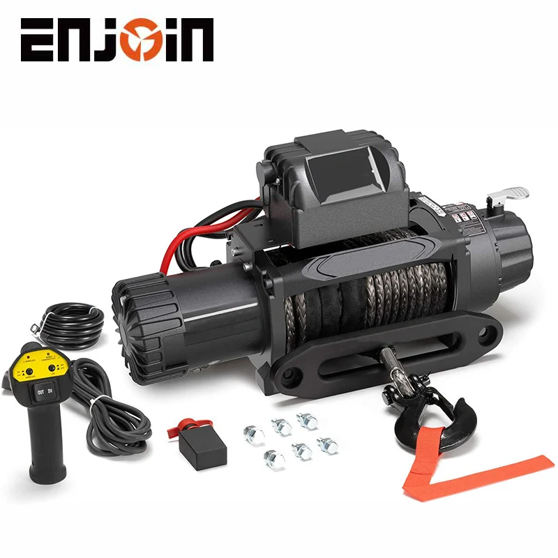 ENJOIN Carbon Series 12V Synthetic Rope Electric  Waterproof Winch 12000lb Load Capacity For Off Road Vehicle