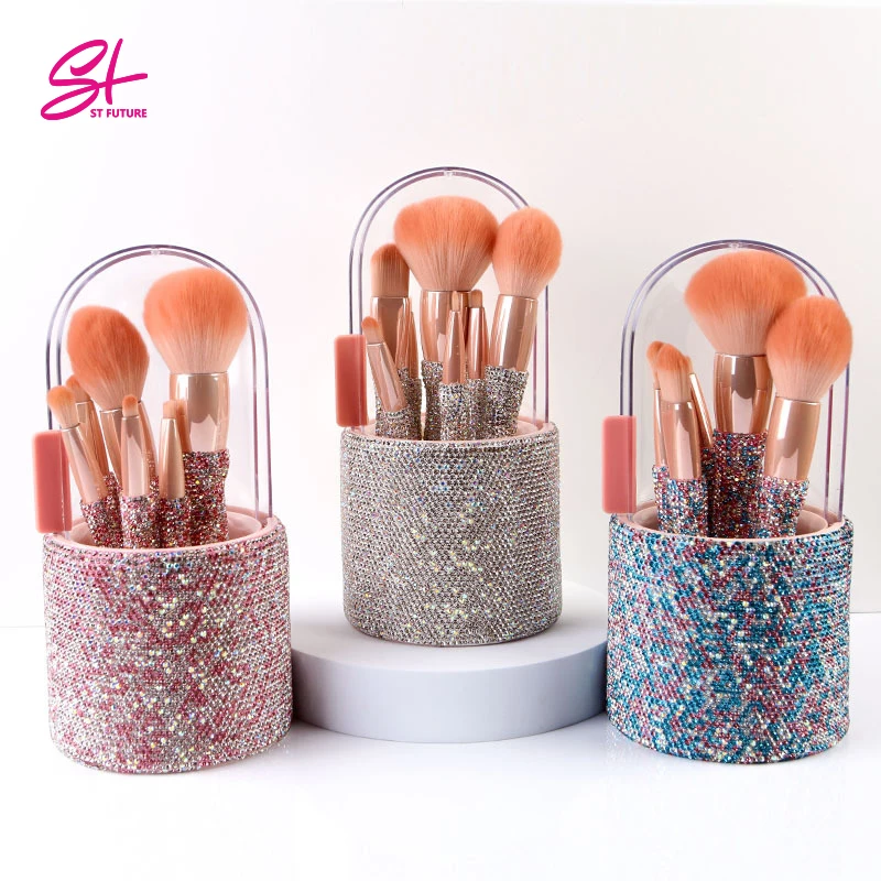 Rose Gold Diamond Fashionable Crystal Rhinestone Handle Highlighter Bling Professional Cruelty Makeup Brushes Set With Case