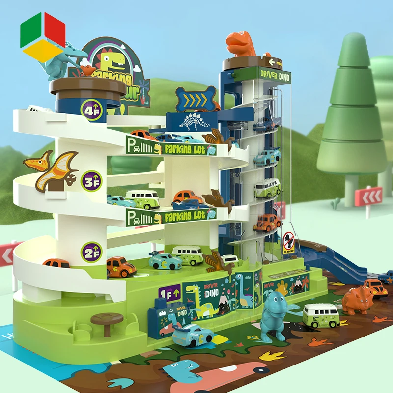 QS Toy DIY Selfassembly Multi-layer Revolving Elevator Rail 5 Storey Parking Lot Building Slot Track Car Racing Toy With Car