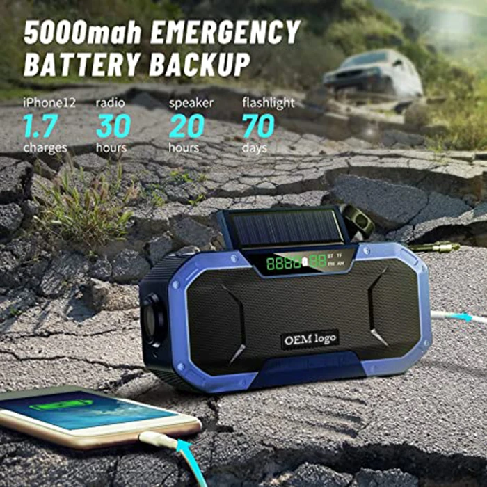 OEM Logo 5000Mah Power Bank Led Camping Flashlight Outdoor Ipx5 Waterproof Am Fm Noaa Sos Alarm Hand Crank Solar Emergency Radio