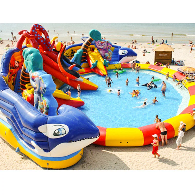 New design commercial dolphin n octopus giant pool with slide inflatable water park for summer fun