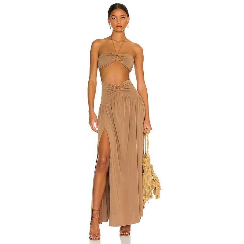 Summer beachwear halter neck backless bra top and pleated maxi skirt 2 piece set