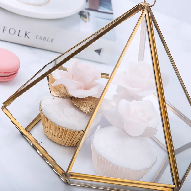 hanging gold transparent trinket ring Clear Glass Jewelry Box terrarium Copper metal decorative pyramid for wedding storage