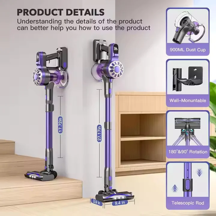 Powerful 12Kpa Cordless Vacuum Cleaner LED Lights Runtime Anti-Tangle Stick Vacuum for Carpet Hard Floor Pet Hair Removal