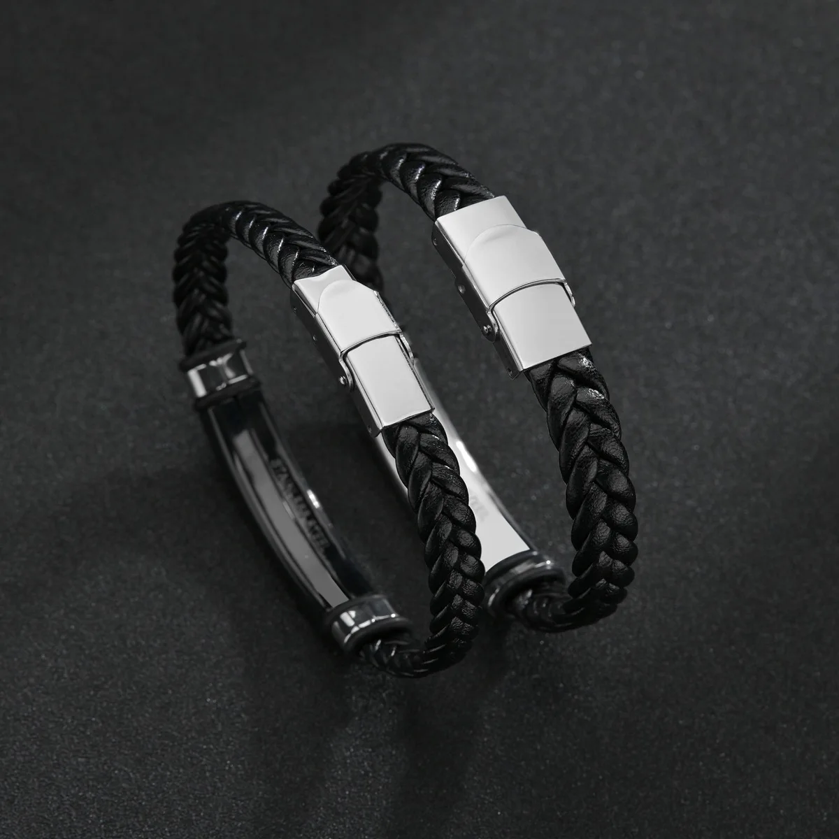 new fashion stainless steel leather woven bracelet men and women,smooth surface blank plate custom name bracelets