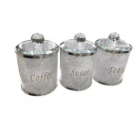 SILVER CRYSTAL FILLED TEA COFFEE SUGAR CANISTERS JARS STORAGE Diamond Crushed Uk
