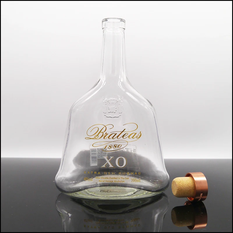 Wholesale 700ml Custom Embossing Logo Empty Glass Bottle Decanter for Extra Old Cognac with Synthetic Cork