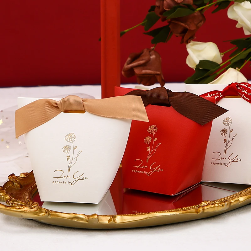 Hot Sell Folding chocolate Present White Packaging Thank You Wedding favor Small gift Ribbon bow paper Box