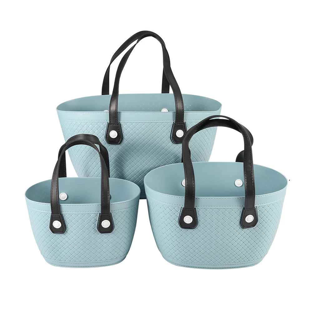 Round plastic woven shopping colorful storage basket with handle