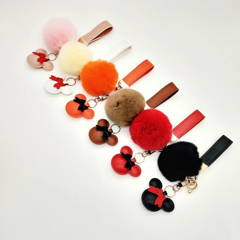 New Style Designer Fashion MK Pompom Bag Charms PU Leather Car Key Chain Accessories Custom Luxury Fur Keychain