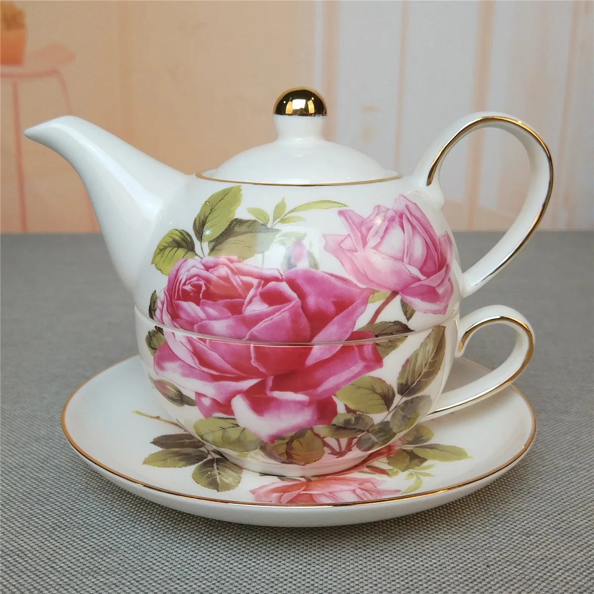 Porcelain Floral Teapot and Teacup For One