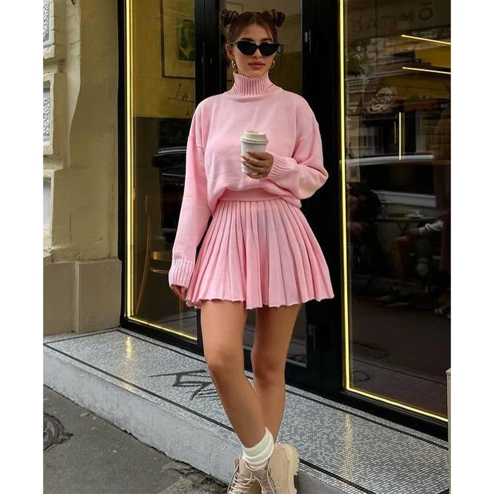 2024 Autumn Winter Folds Skirt Sets For Women Turtleneck Knitted Pullover Femme Mini Skirts 2 Piece Sets Womens Outfits