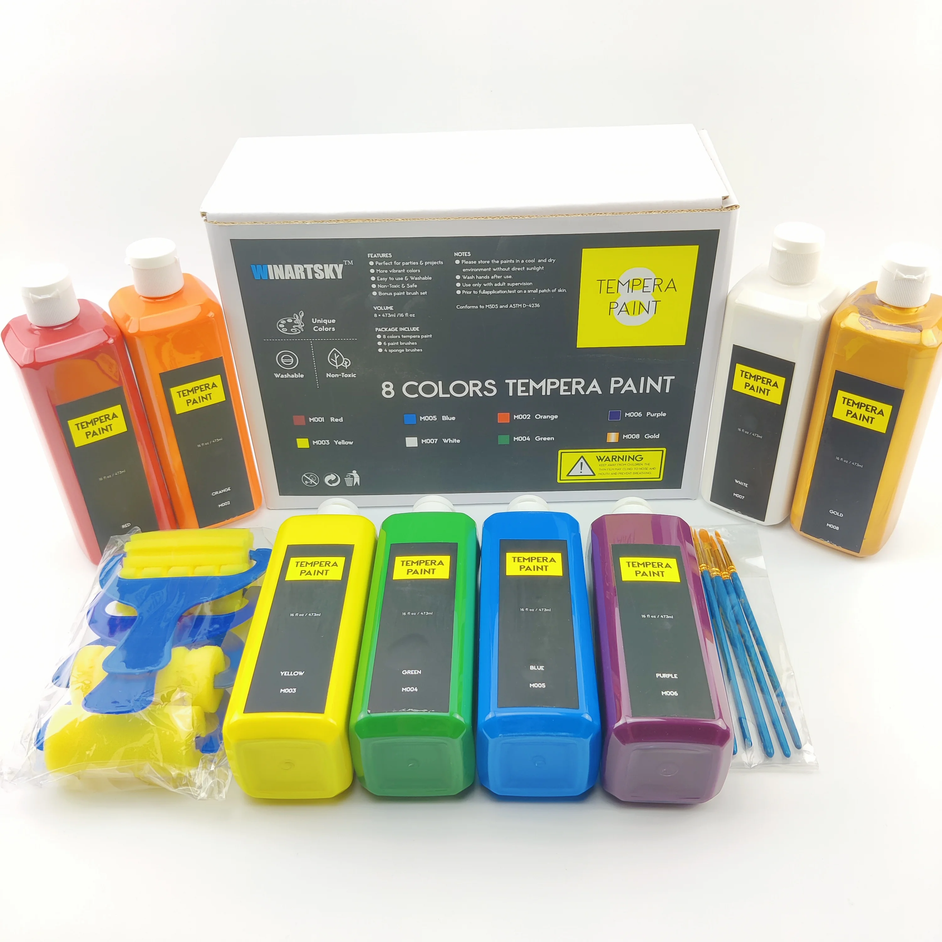 8 colors 473 ML washable tempera paint set with brush and sponge for kids DIY painting