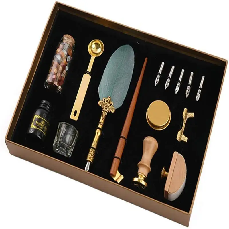 PAIPAI Antique Feather Pen Set Handmade Quill Pen Ink Set Include Calligraphy Dip Pens for Beginner