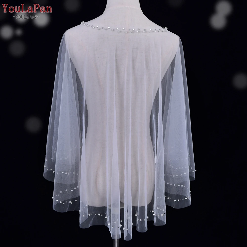 YouLaPan VG27B Wholesale Women Bolero Rhinestone Pearl Thread Round Neck Pullover Cover Up Bridal Wedding Dress Tulle Shawl Cape