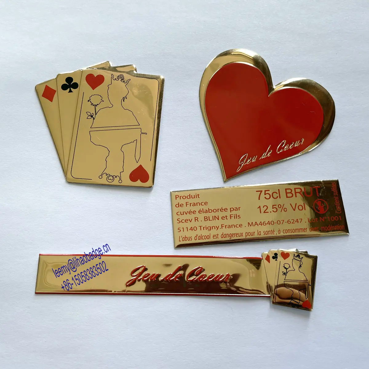 brut wine bottle aluminum metal glossy gold red heart packing sticker label