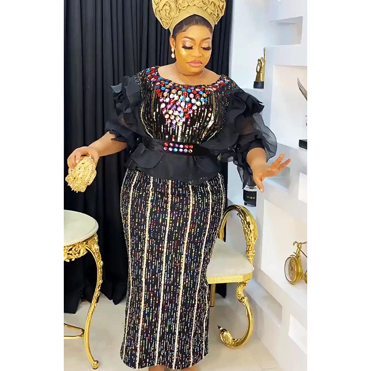 Plus Size Women Large Skirt African Sequined Dress Double Layer Diamond Lace Long Elegant Evening Church Dress With Belt