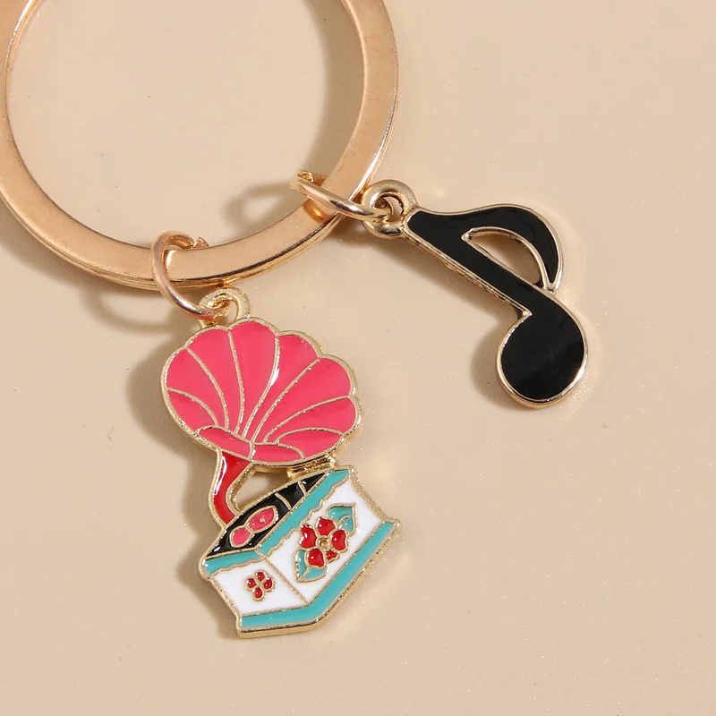 record and music note keychain mini Instrumental guitar, gramophone, piano with music note keychains