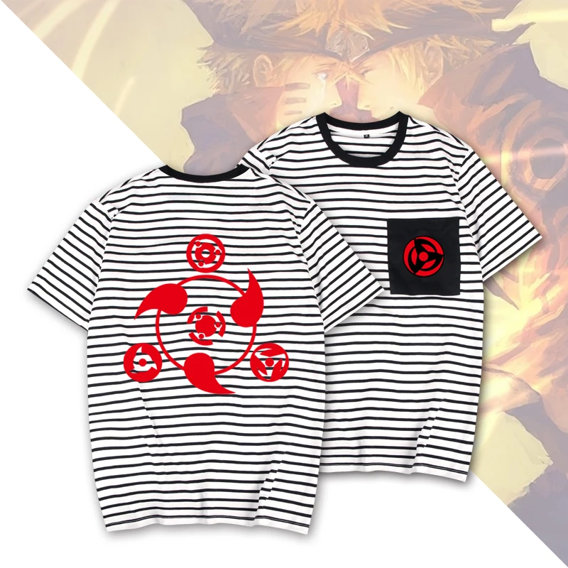 
Naruto T-shirt Uchiha Sasuke Itachi tide writing round eyes kaleidoscope round neck striped short-sleeved shirt T-shirt men and 