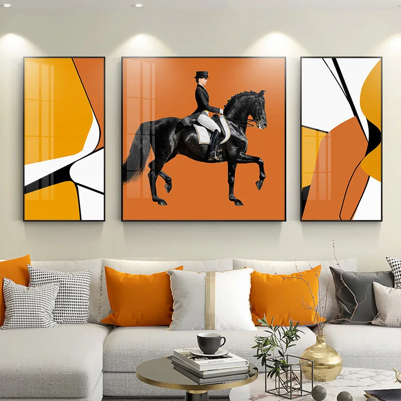 
Living Room Decoration Luxury Sofa Background Wall Triptych Modern Equestrian Knight Orange Abstract Wall Art Painting 