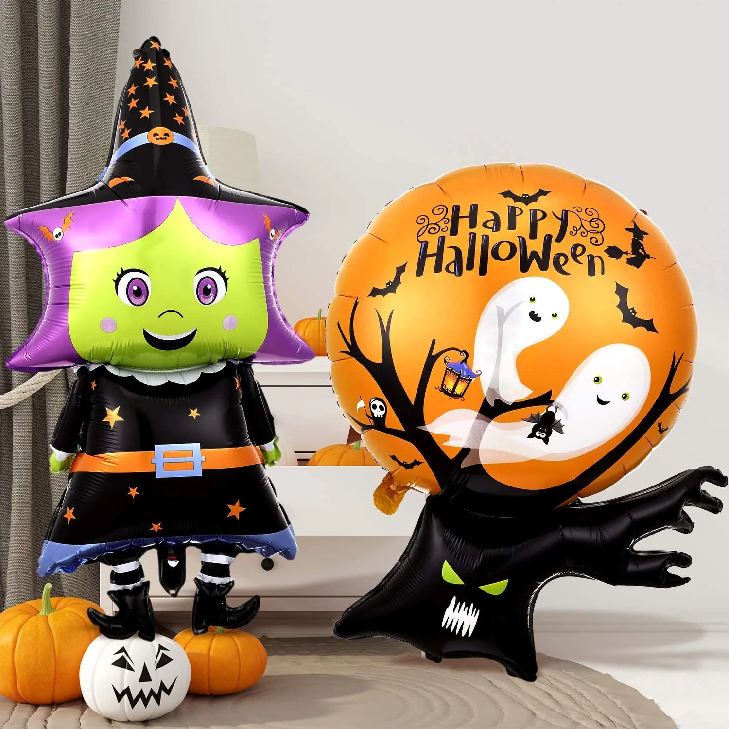 3D Customized Halloween Pumpkin Witch Ghost Bat Party Decorations Supplies Custom Shape Printable Mylar Helium Foil Balloons