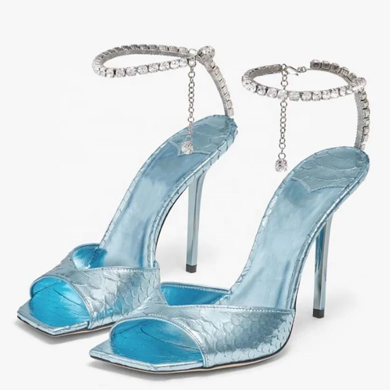 New Arrivals Square Peep Toe Women Diamonds Chain Ankle Strap High Heels Animal Print Dress Sandals Summer Party Shoes