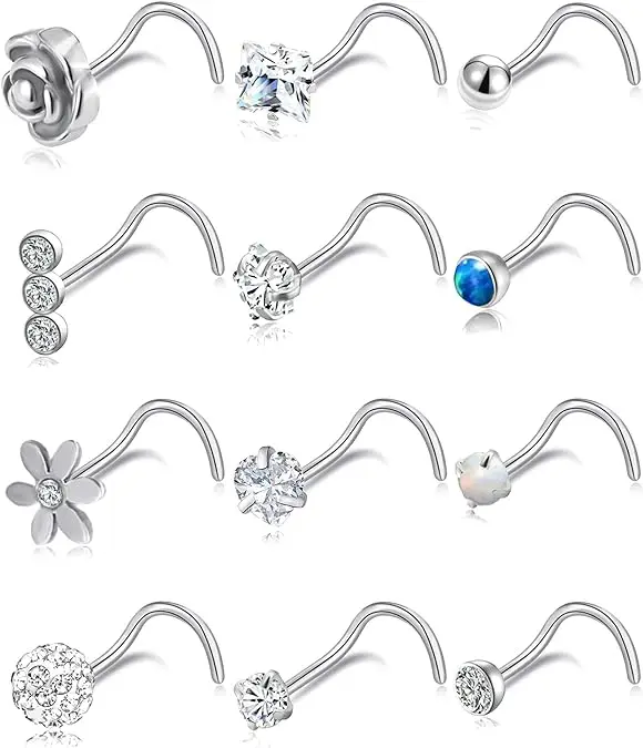 G23 Titanium CZ Clay Ball Flower Opal Star Heart Pure Titanium silver Nostril Piercing Jewelry  for Women Men