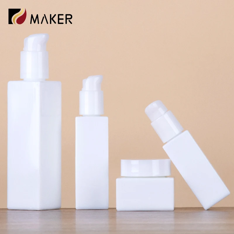 Empty Square White Jade Glass Cosmetic Bottle Set 30ml 50ml 100ml 120ml 50g Cream Jar Emulsion Lotion Bottle With Bamboo Lids